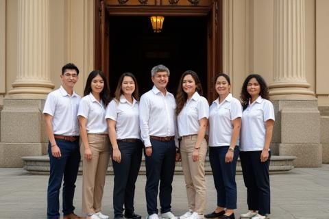 Straits Heritage Tours team standing proudly in front of a historic colonial building