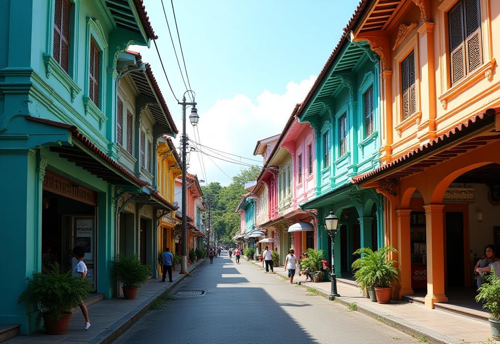 Historic street scene in Singapore with colorful Peranakan shophouses